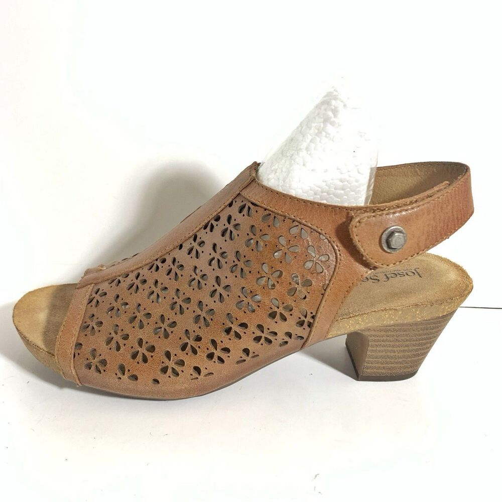 josef siebel brown leather lazer cut stacked heel sandals size 39 EU Or 8-8.5